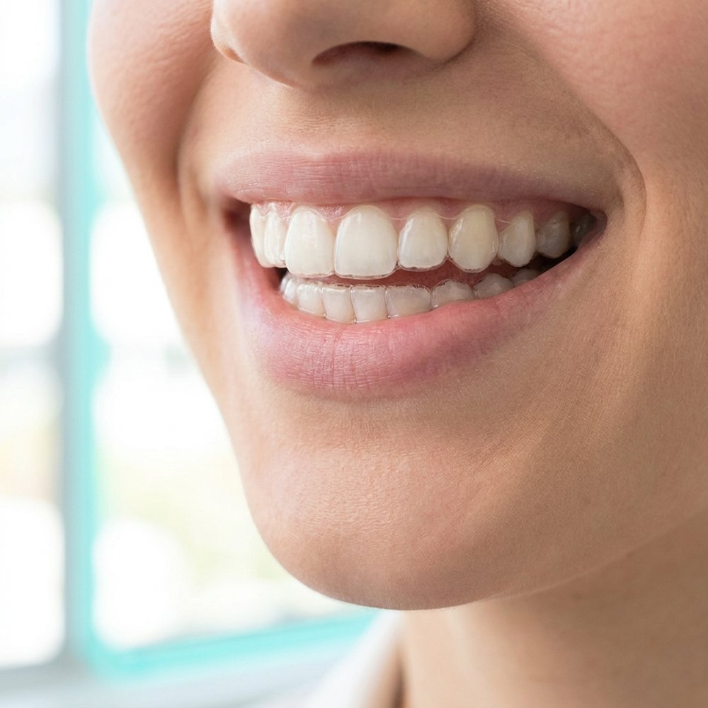 Alinhador transparente sendo encaixado nos dentes — tratamento ortodôntico discreto